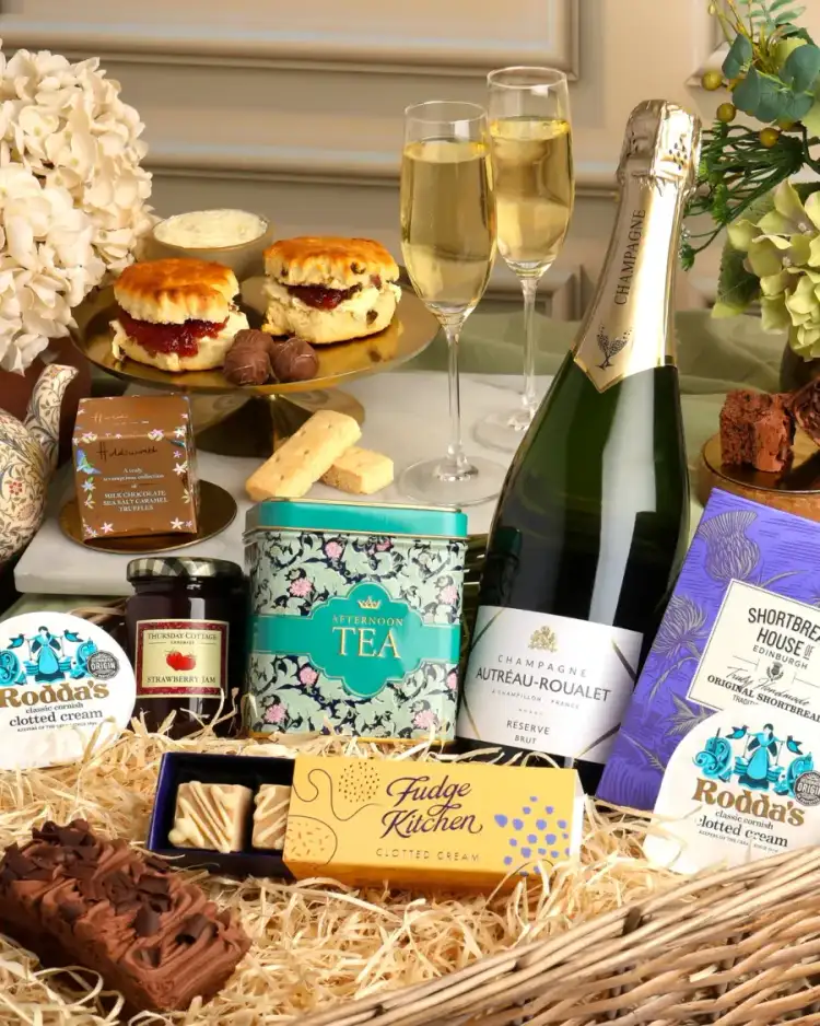 Cesta de presentes de luxo HERA 888 com champanhe, chocolates e itens premium